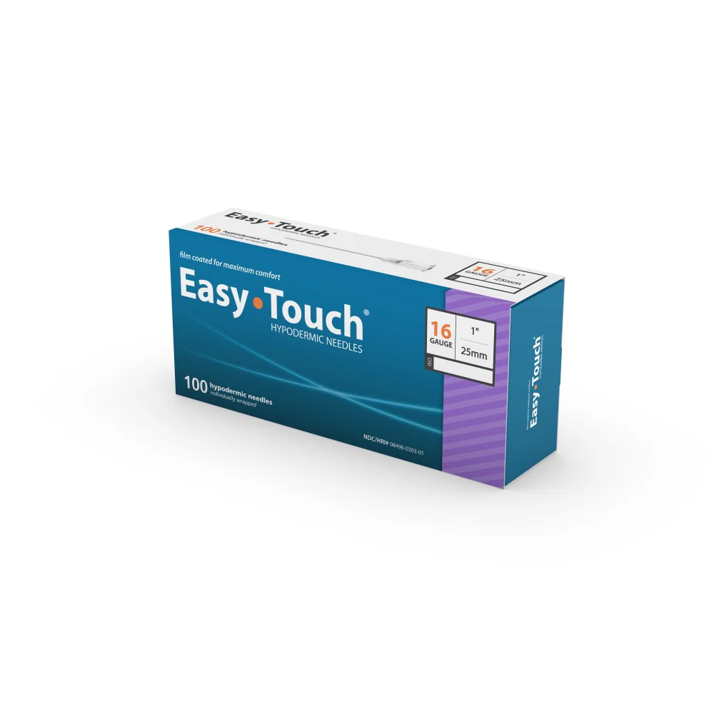 Easy Touch Hypodermic Needles, 16G 1” 25mm, 801601, Box of 100