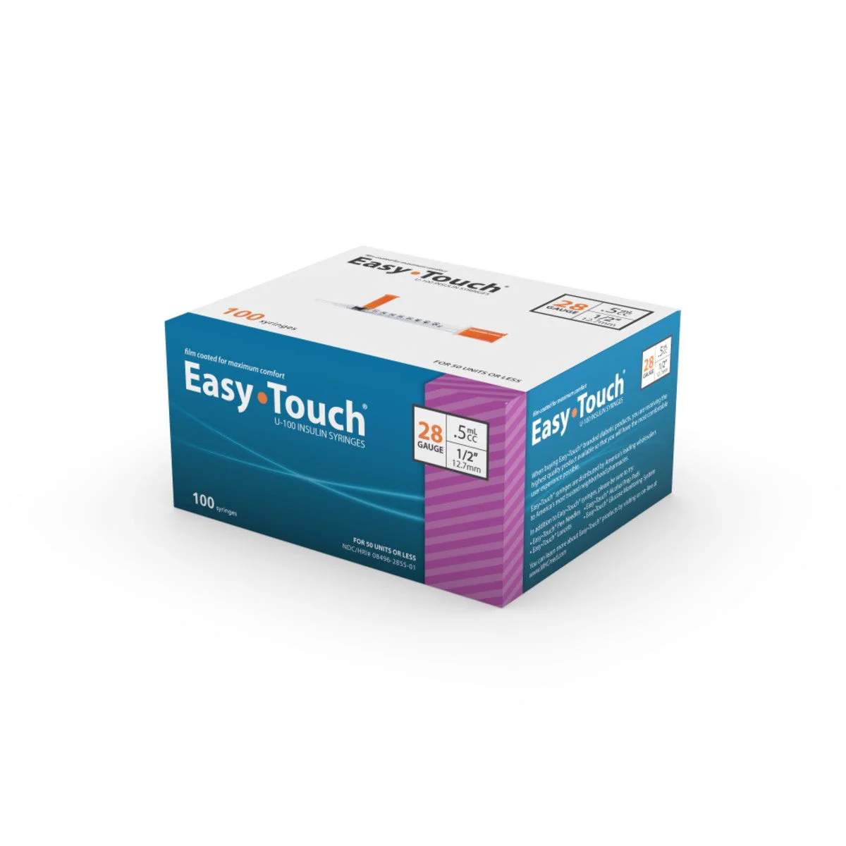 Easy Touch Syringe, 28G .5cc 1/2-Inch (12.7mm), 828555, Box of 100