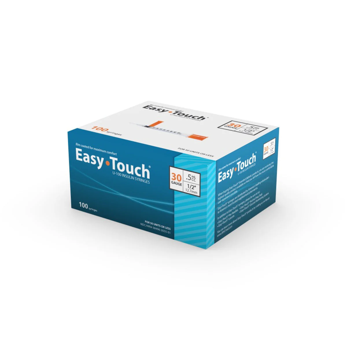 Easy Touch Syringe, 30g .5cc 1/2-Inch (12.7mm), 830555, Box of 100