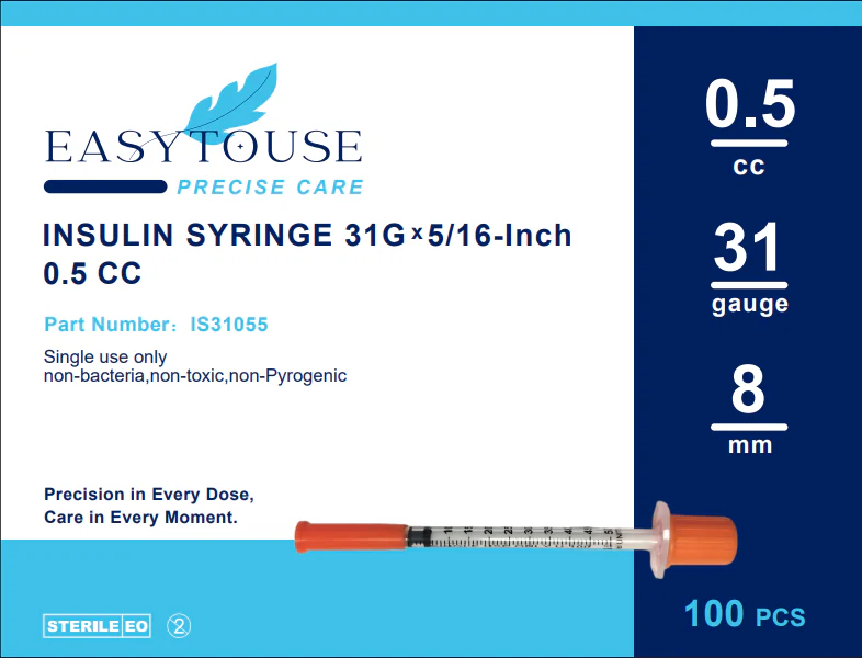 EasytoUse U-100 Syringes, 31G x 5/16" (8mm), 0.5cc, Individually Wrapped, 100 Count - Image 3